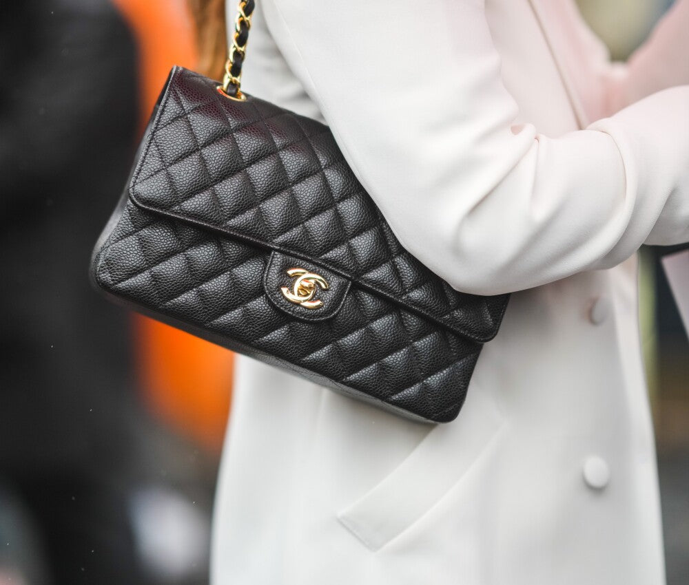 Chanel-inspired classic flap bag in caviar leather with gold chain