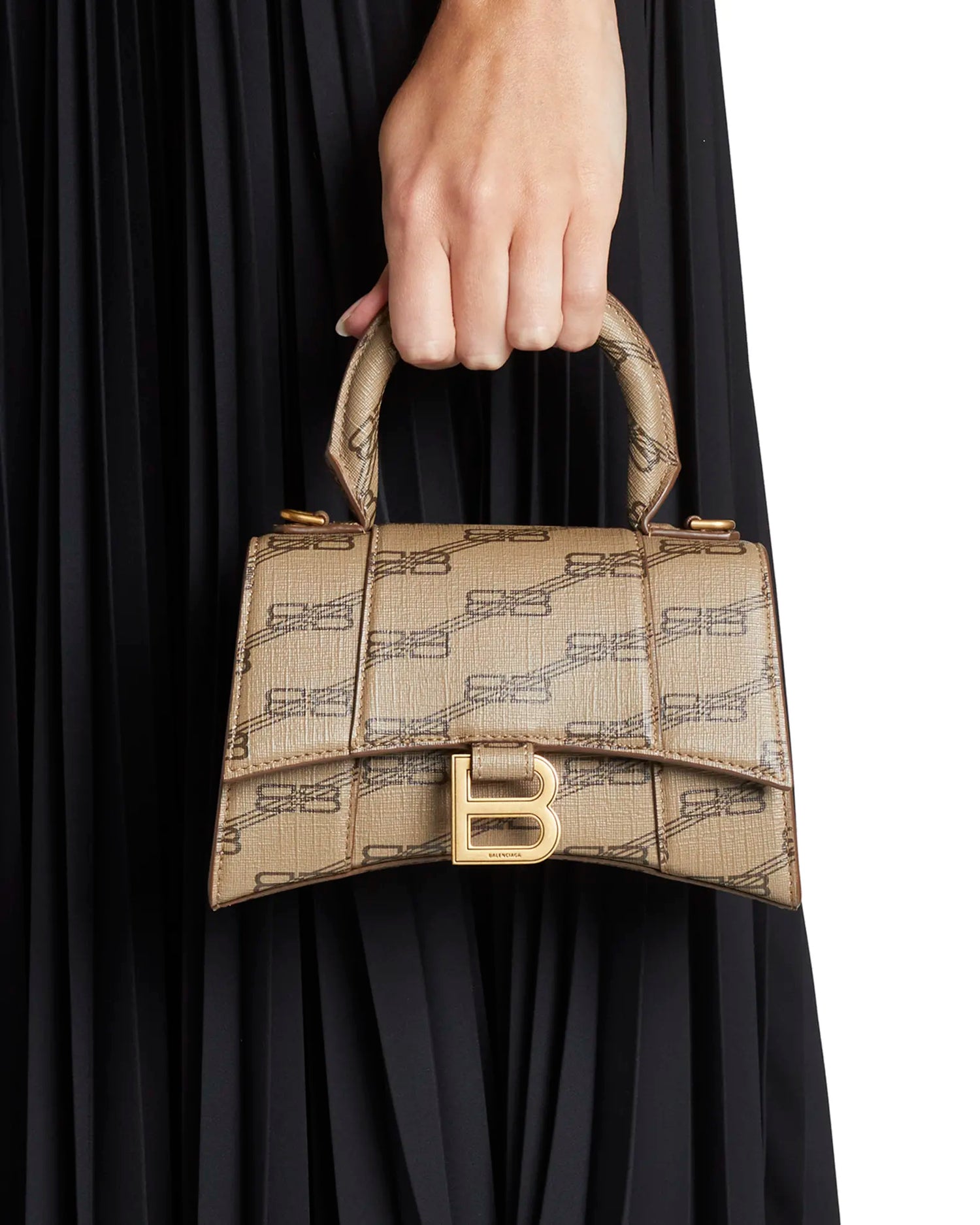 Balenciaga-inspired hourglass bag in black leather with silver hardware